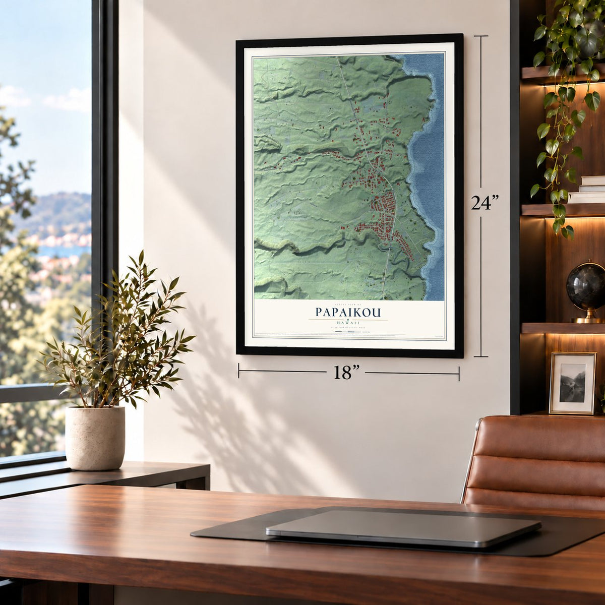 Papaikou, Hawaii map, 18 x 24 inch print in a black frame in a home office