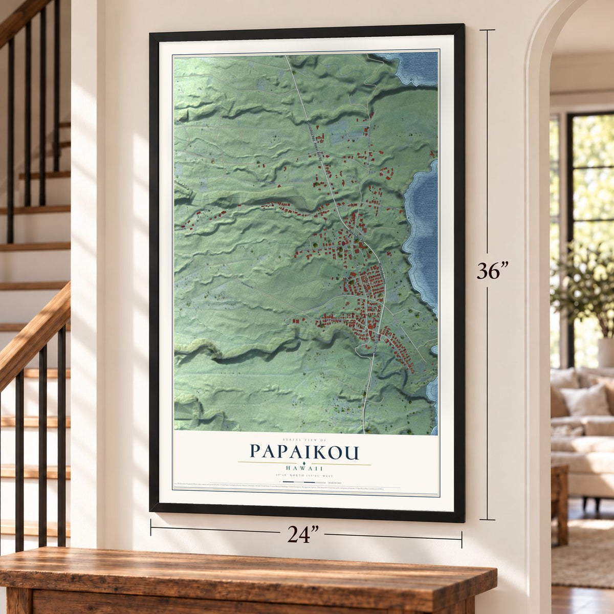 Papaikou, Hawaii map, 24 x 36 inch print in a black frame by a staircase