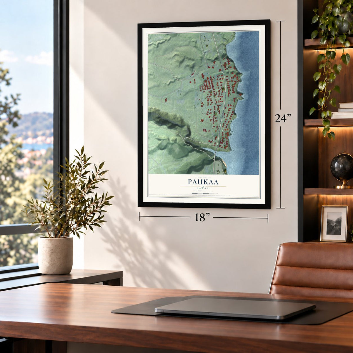 Paukaa, Hawaii map, 18 x 24 inch print in a black frame in a home office