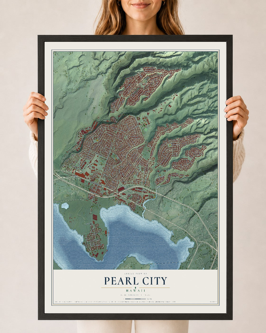 Map of Pearl City, Hawaii, 24 x 36 inch print in a black wood frame