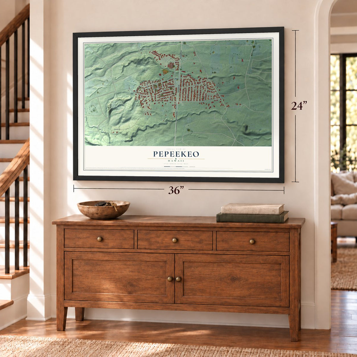 Pepeekeo, Hawaii map, 24 x 36 inch print in a black frame above a dresser by a staircase