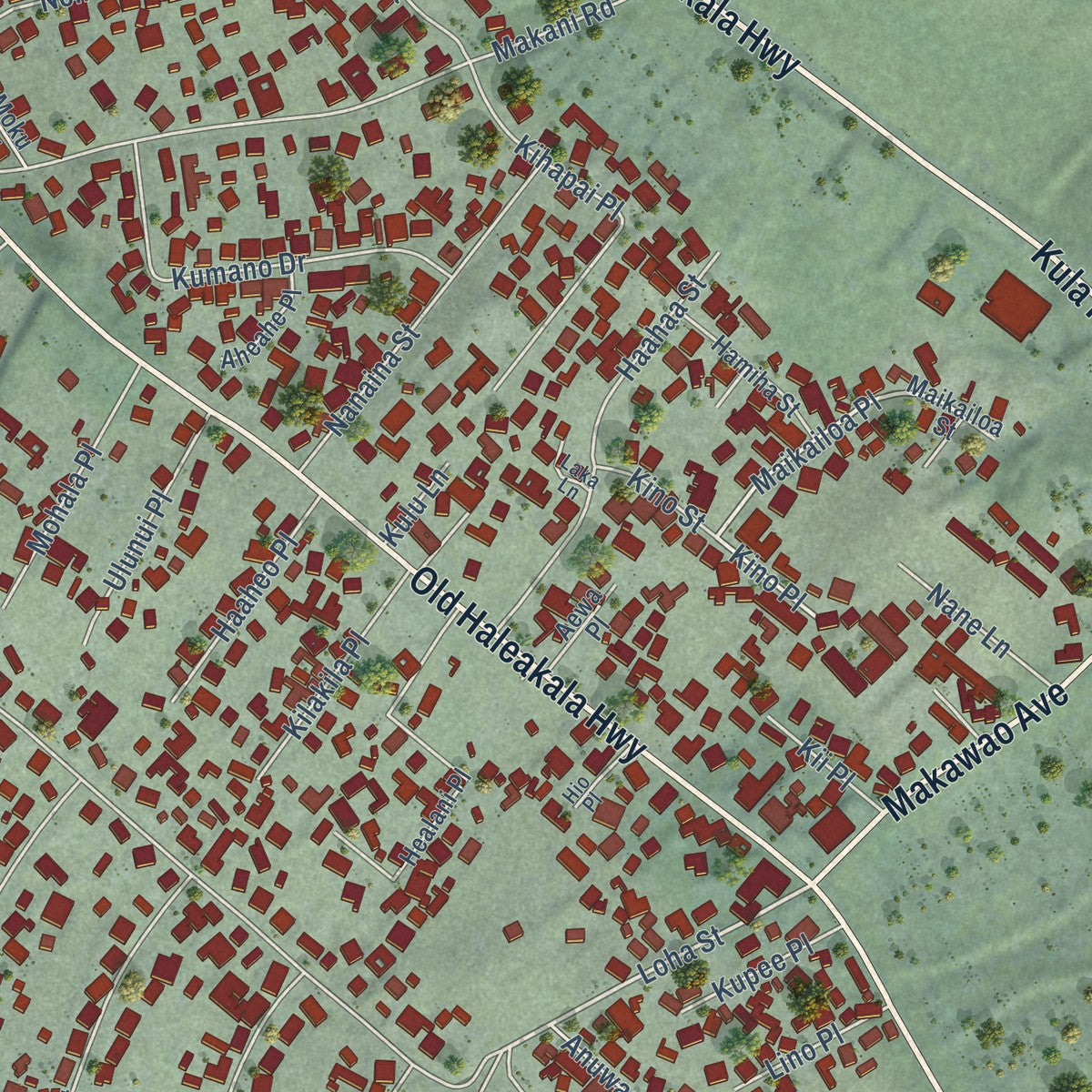 Close-up of the map of Pukalani, Hawaii print showing street and building detail