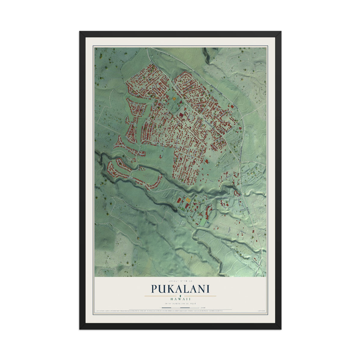 Map of Pukalani, Hawaii, 12 x 18 inch print in a black wood frame