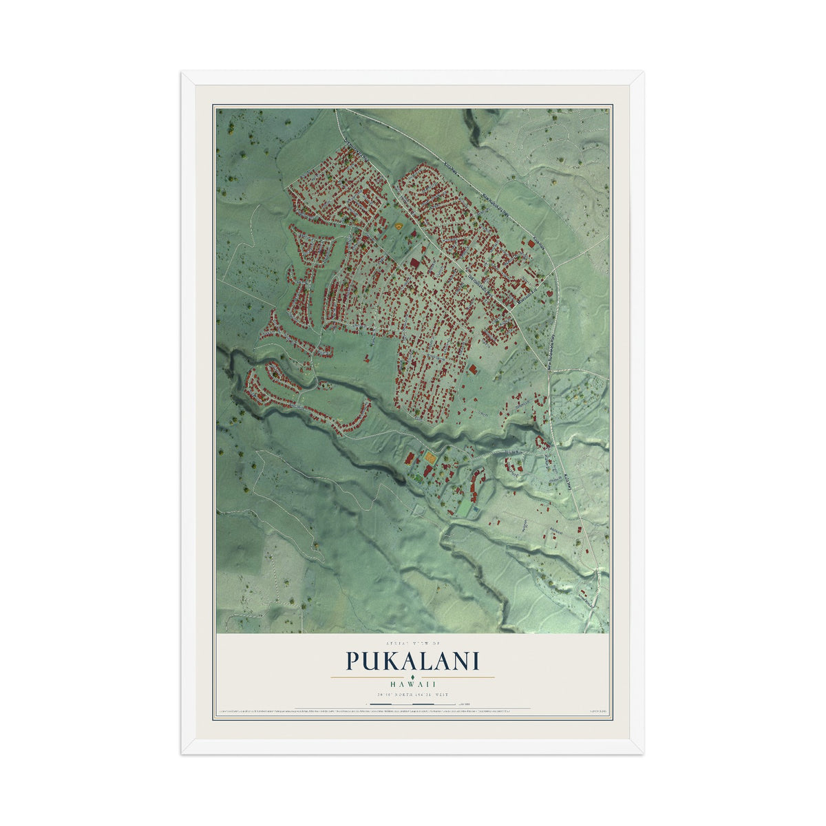 Map of Pukalani, Hawaii, 12 x 18 inch print in a white wood frame