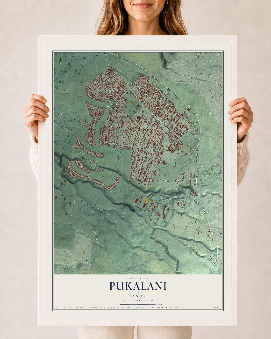 Map of Pukalani, Hawaii, 24 x 36 inch print in a white wood frame