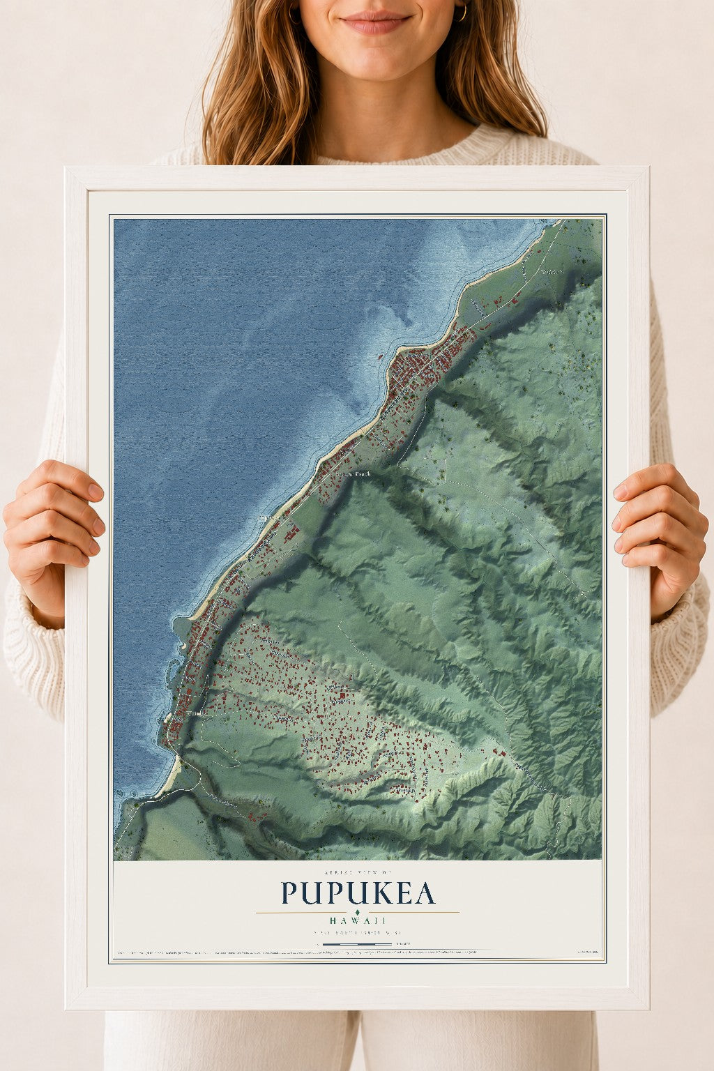 Map of Pupukea, Hawaii, 18 x 24 inch print in a white wood frame
