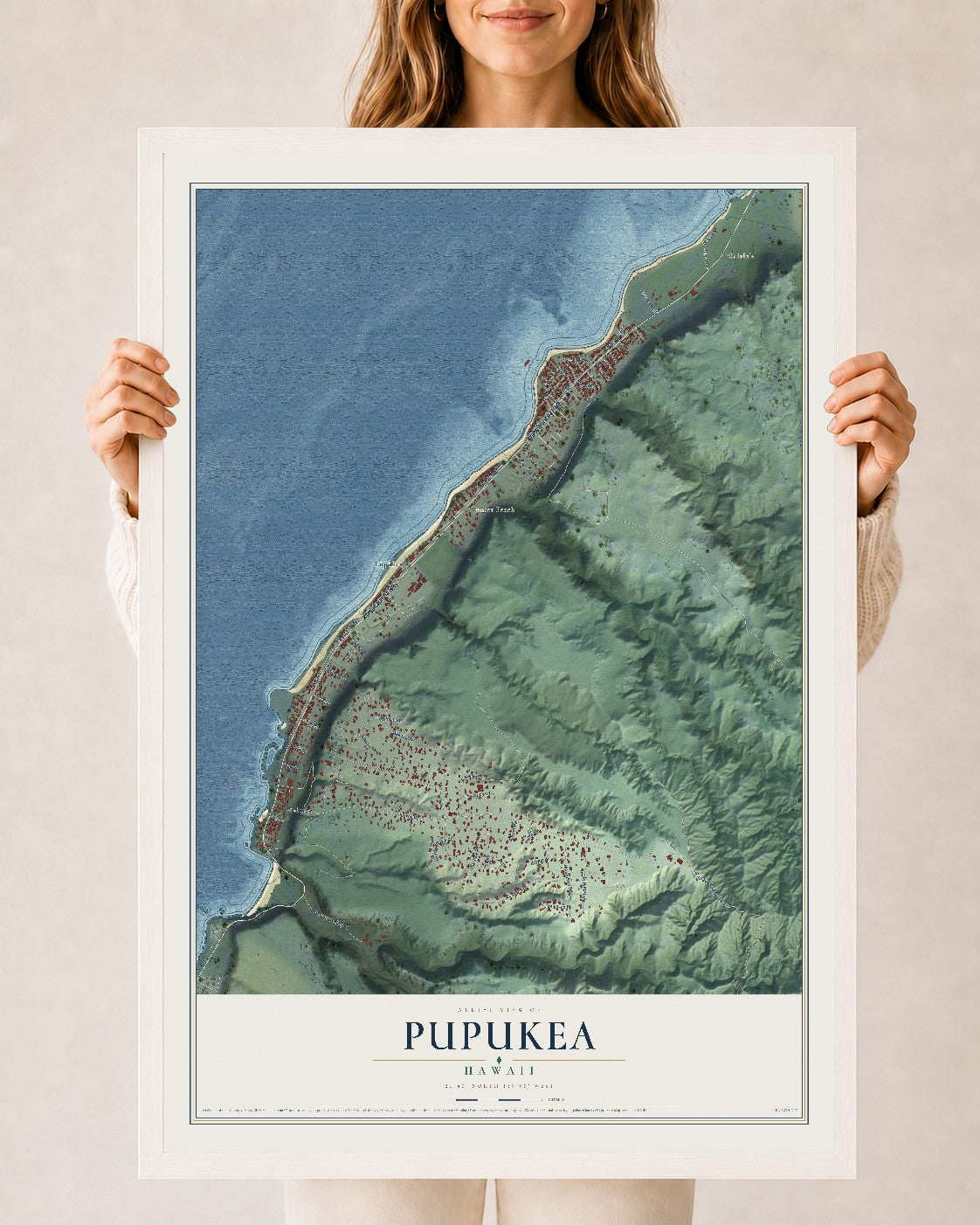Map of Pupukea, Hawaii, 24 x 36 inch print in a white wood frame