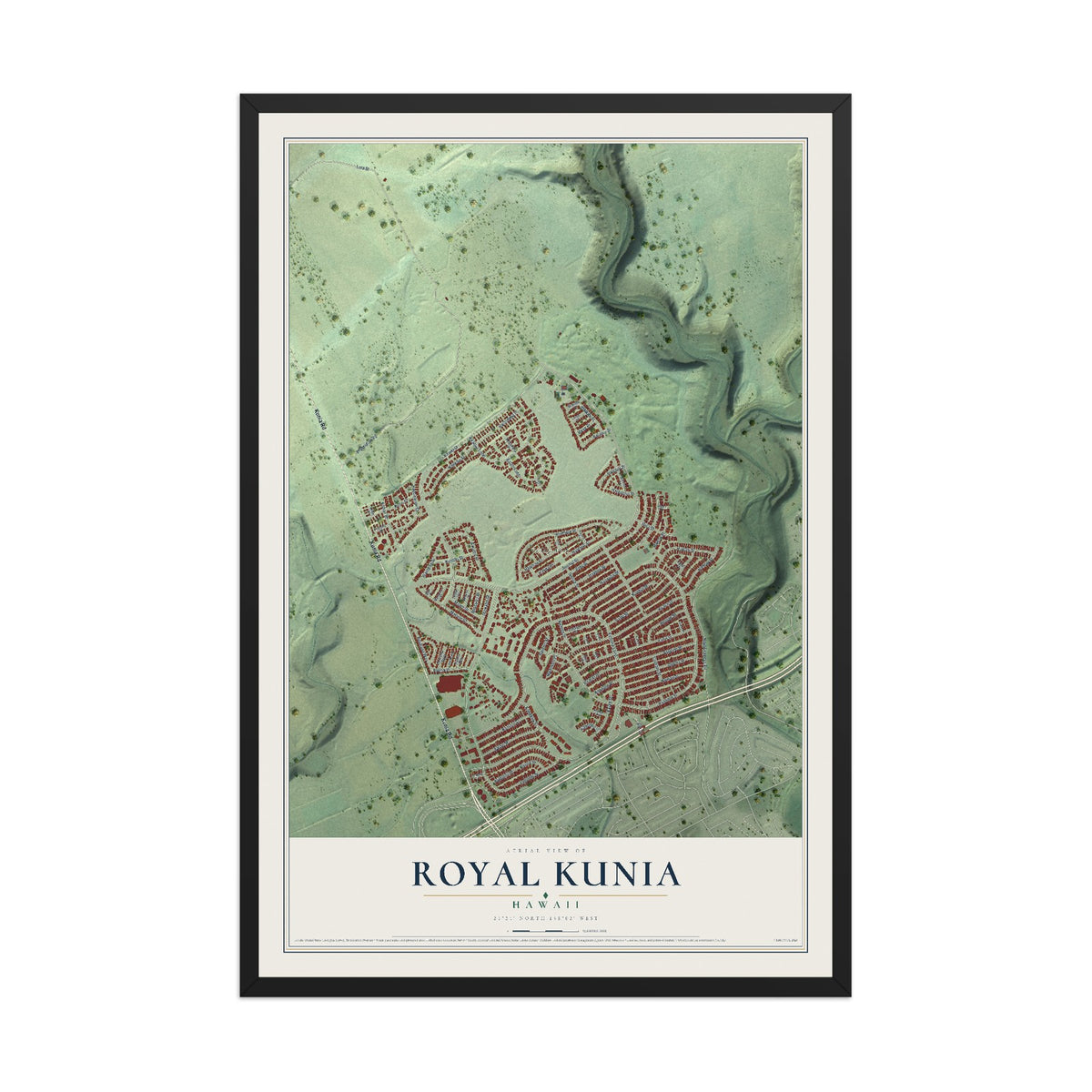 Map of Royal Kunia, Hawaii, 12 x 18 inch print in a black wood frame