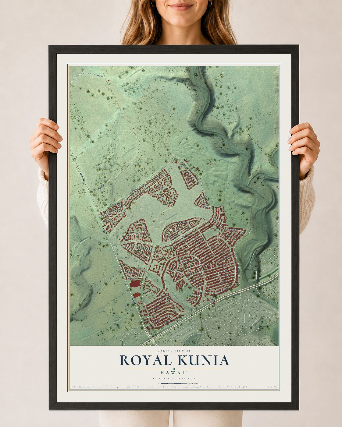 Map of Royal Kunia, Hawaii, 24 x 36 inch print in a black wood frame