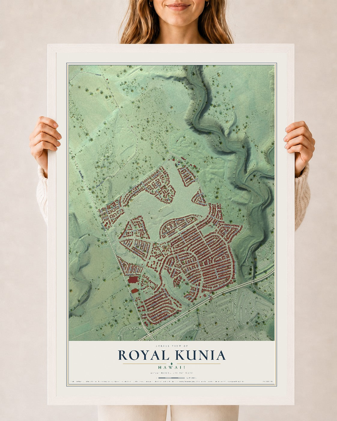 Map of Royal Kunia, Hawaii, 24 x 36 inch print in a white wood frame