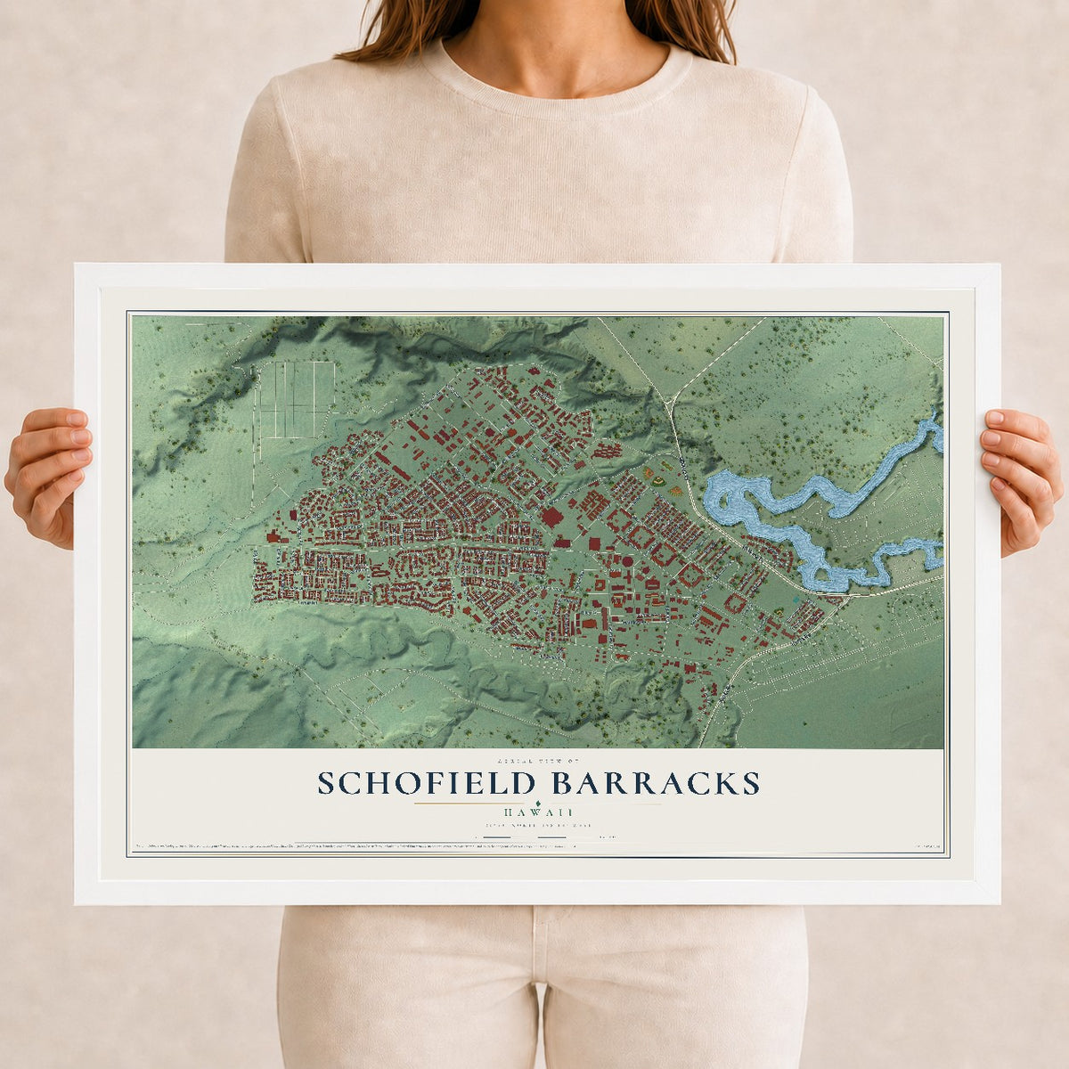 Map of Schofield Barracks, Hawaii, 12 x 18 inch print in a white wood frame