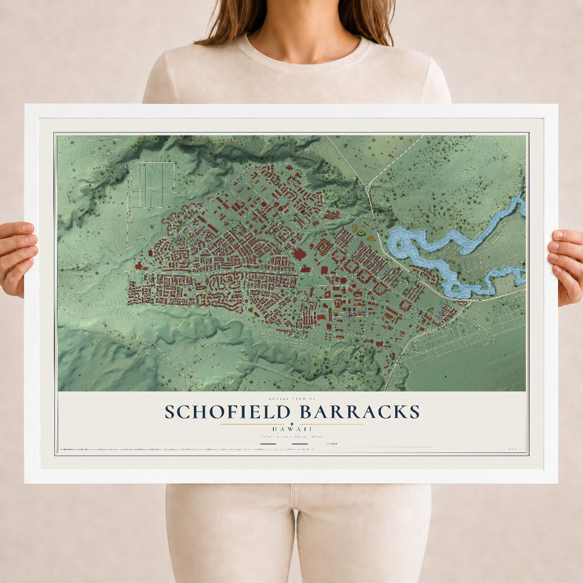 Map of Schofield Barracks, Hawaii, 18 x 24 inch print in a white wood frame