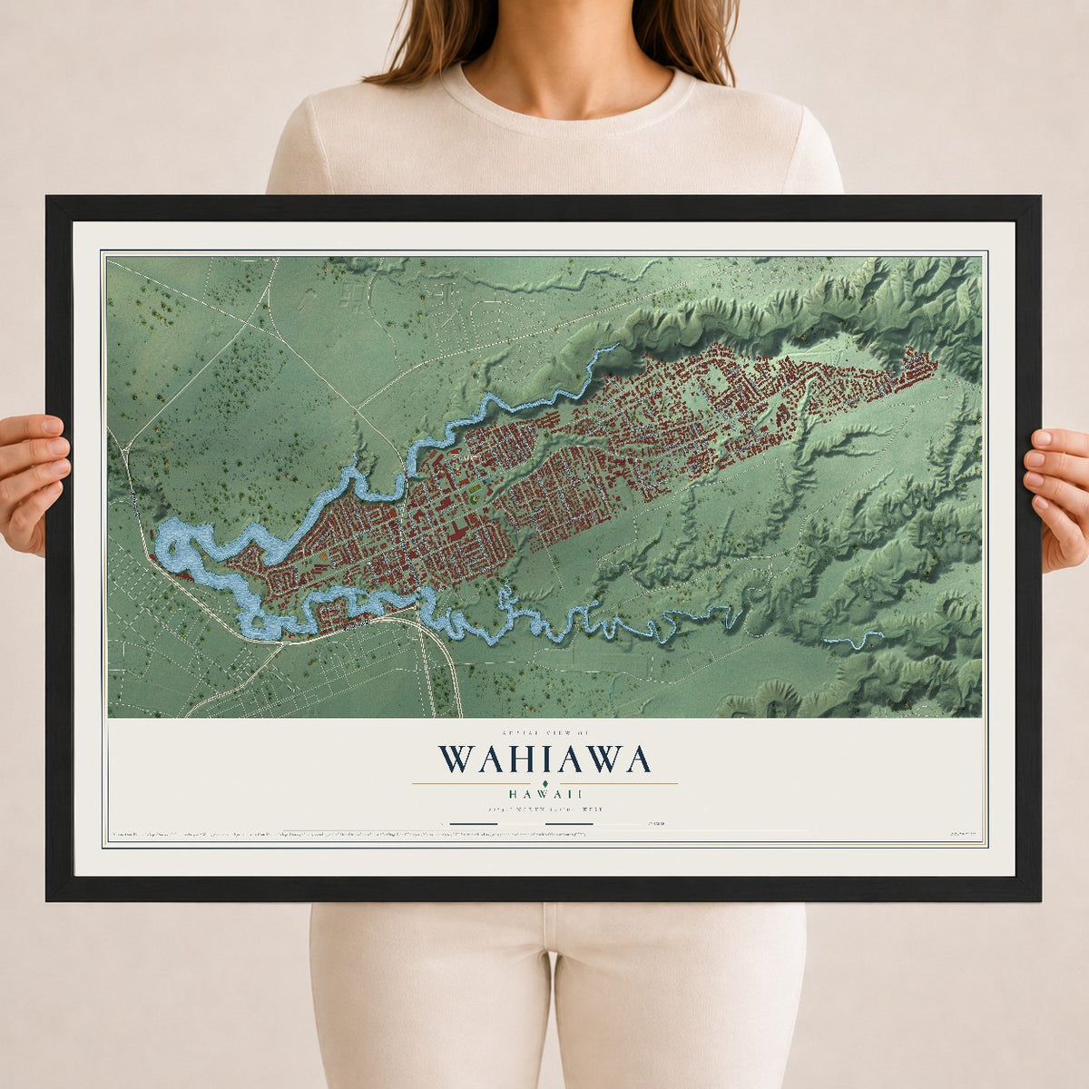 Map of Wahiawa, Hawaii, 18 x 24 inch print in a black wood frame