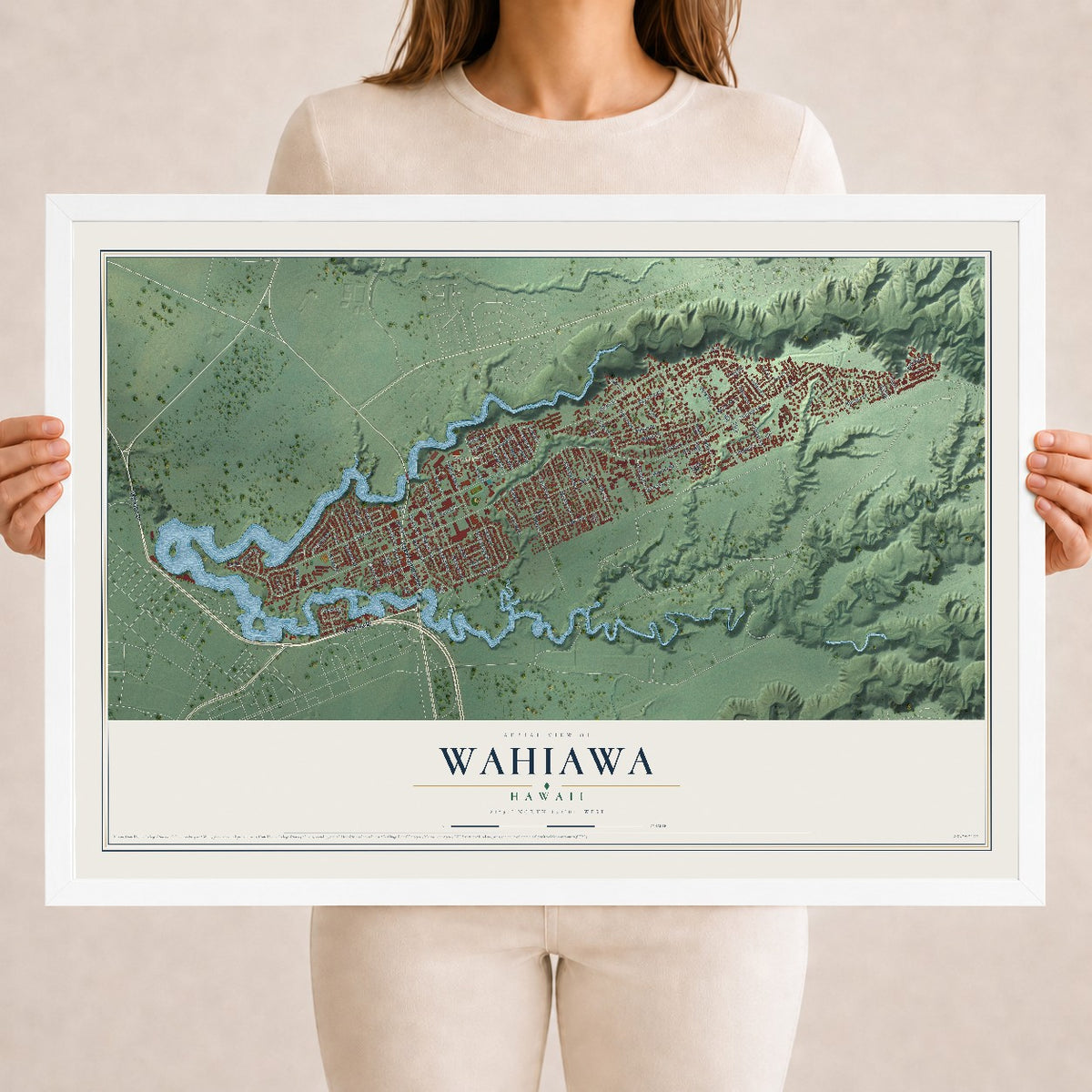 Map of Wahiawa, Hawaii, 18 x 24 inch print in a white wood frame