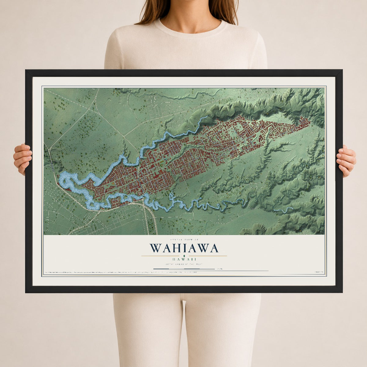Map of Wahiawa, Hawaii, 24 x 36 inch print in a black wood frame