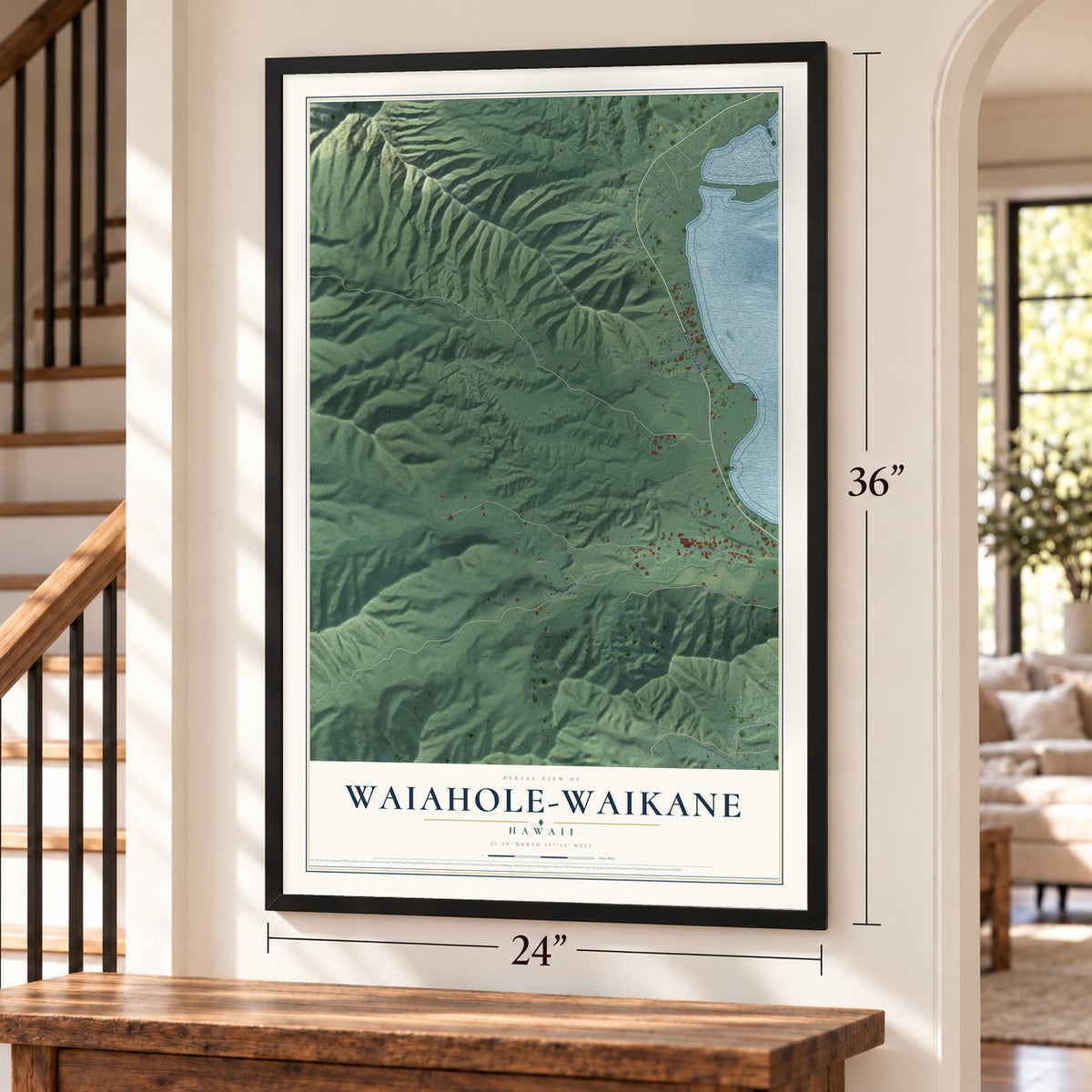 Waiahole-Waikane, Hawaii map, 24 x 36 inch print in a black frame by a staircase