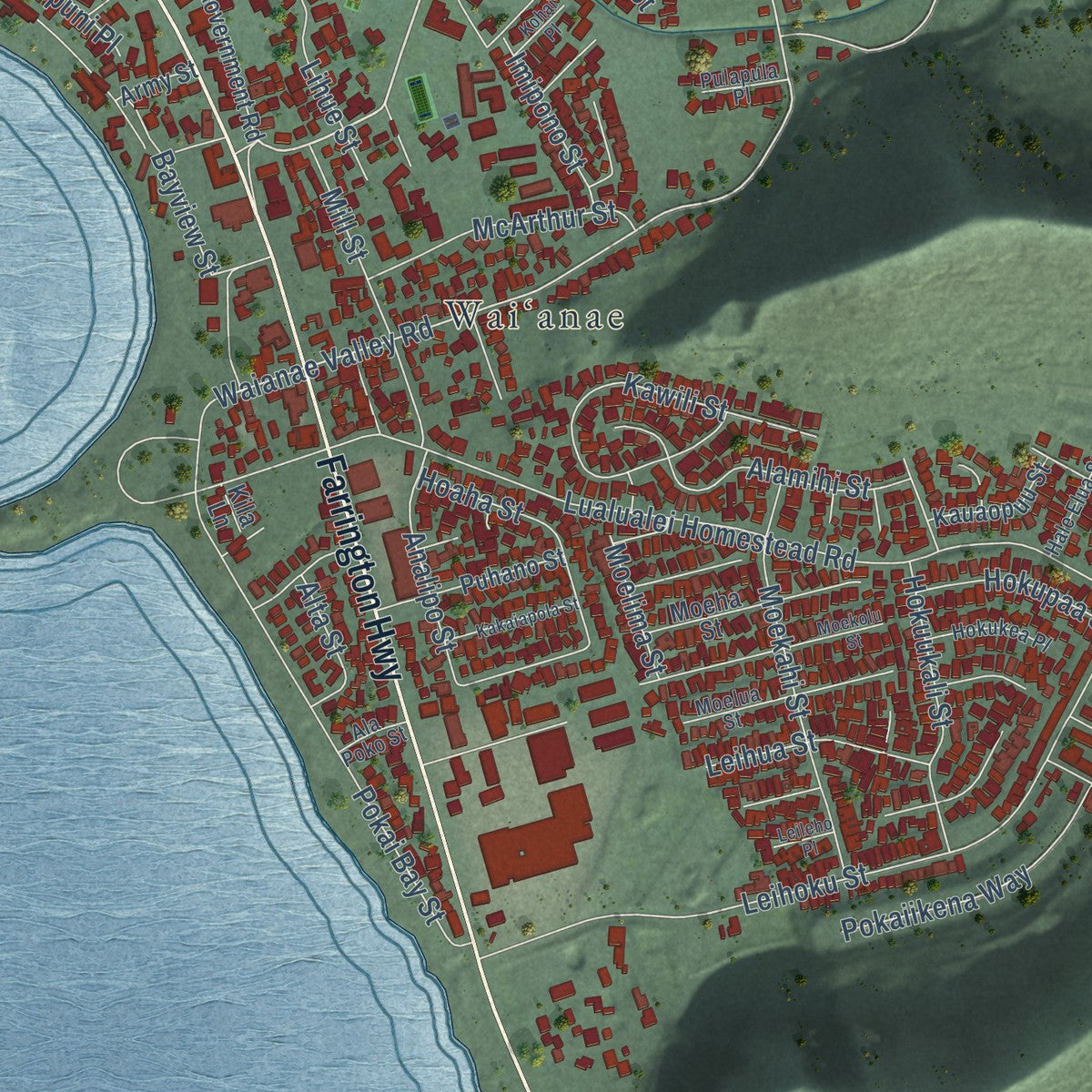 Close-up of the map of Waianae, Hawaii print showing street and building detail