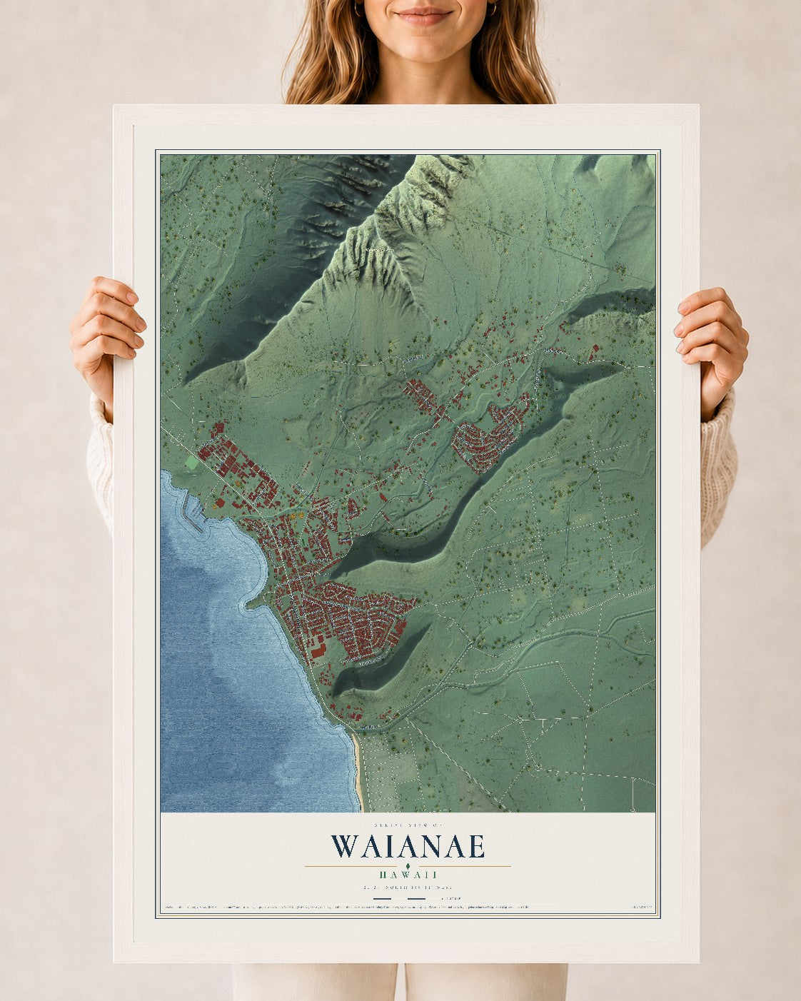 Map of Waianae, Hawaii, 24 x 36 inch print in a white wood frame