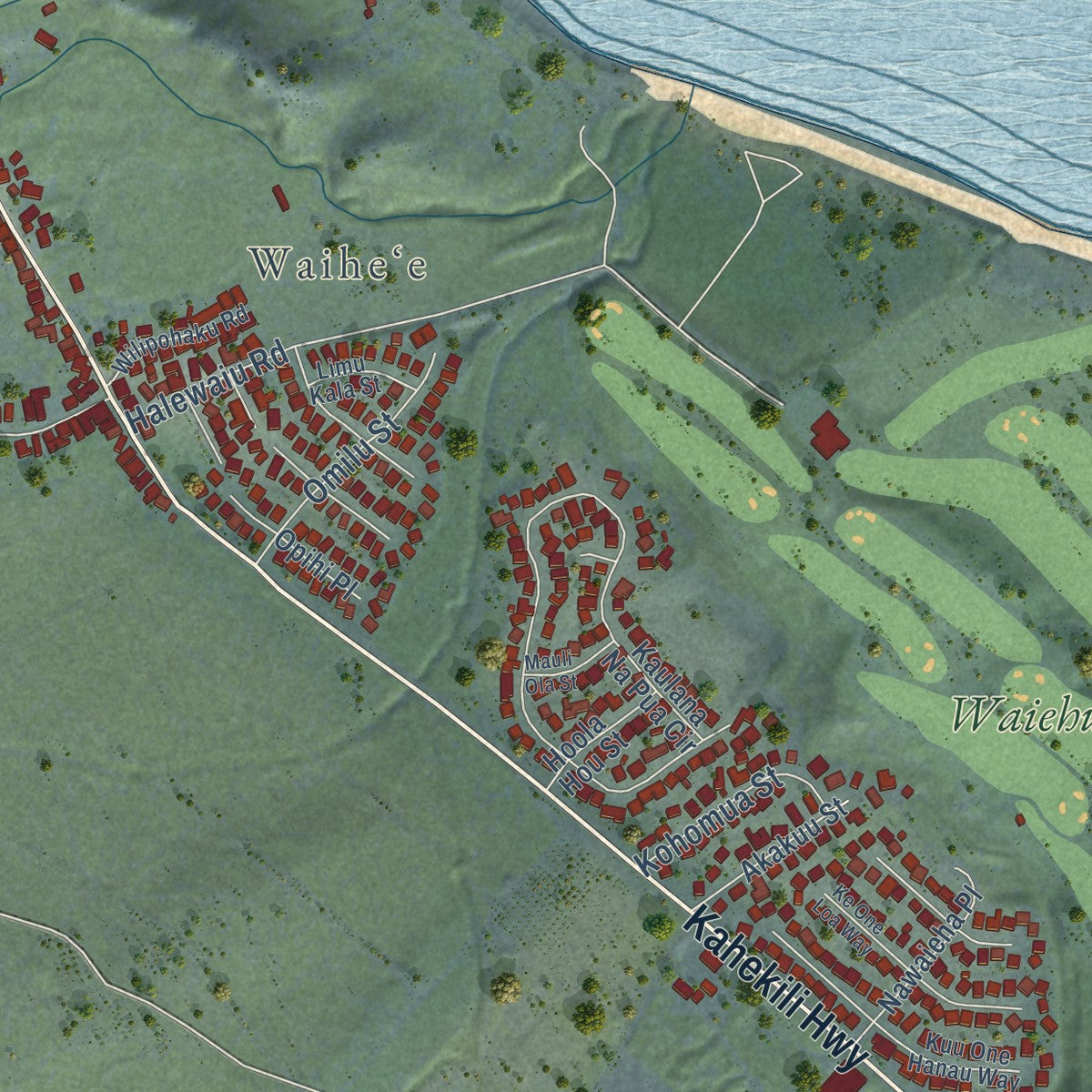 Second close-up of the map of Waihee-Waiehu, Hawaii print showing more streets and buildings