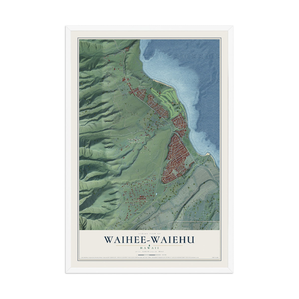 Map of Waihee-Waiehu, Hawaii, 12 x 18 inch print in a white wood frame