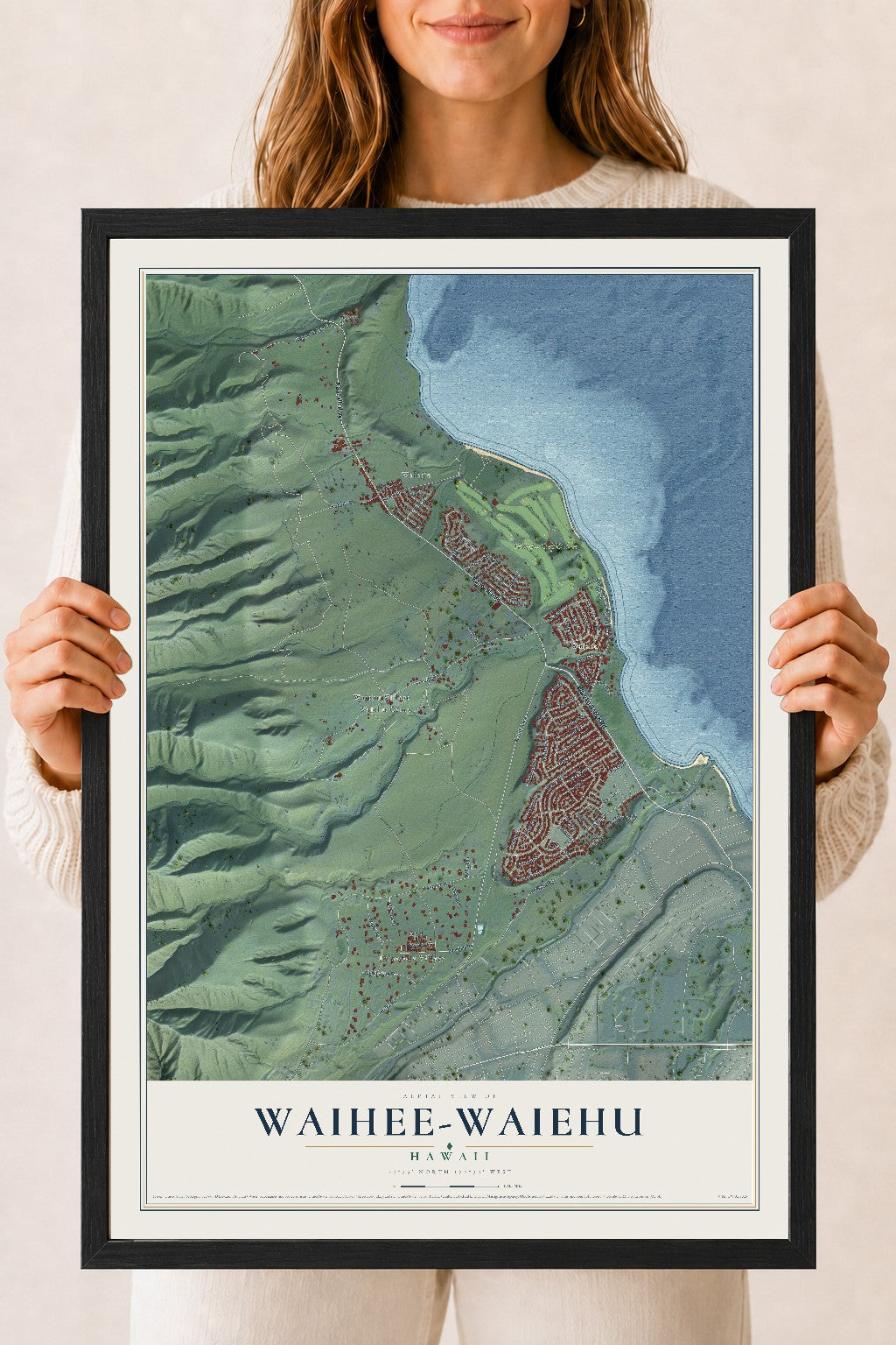 Map of Waihee-Waiehu, Hawaii, 18 x 24 inch print in a black wood frame