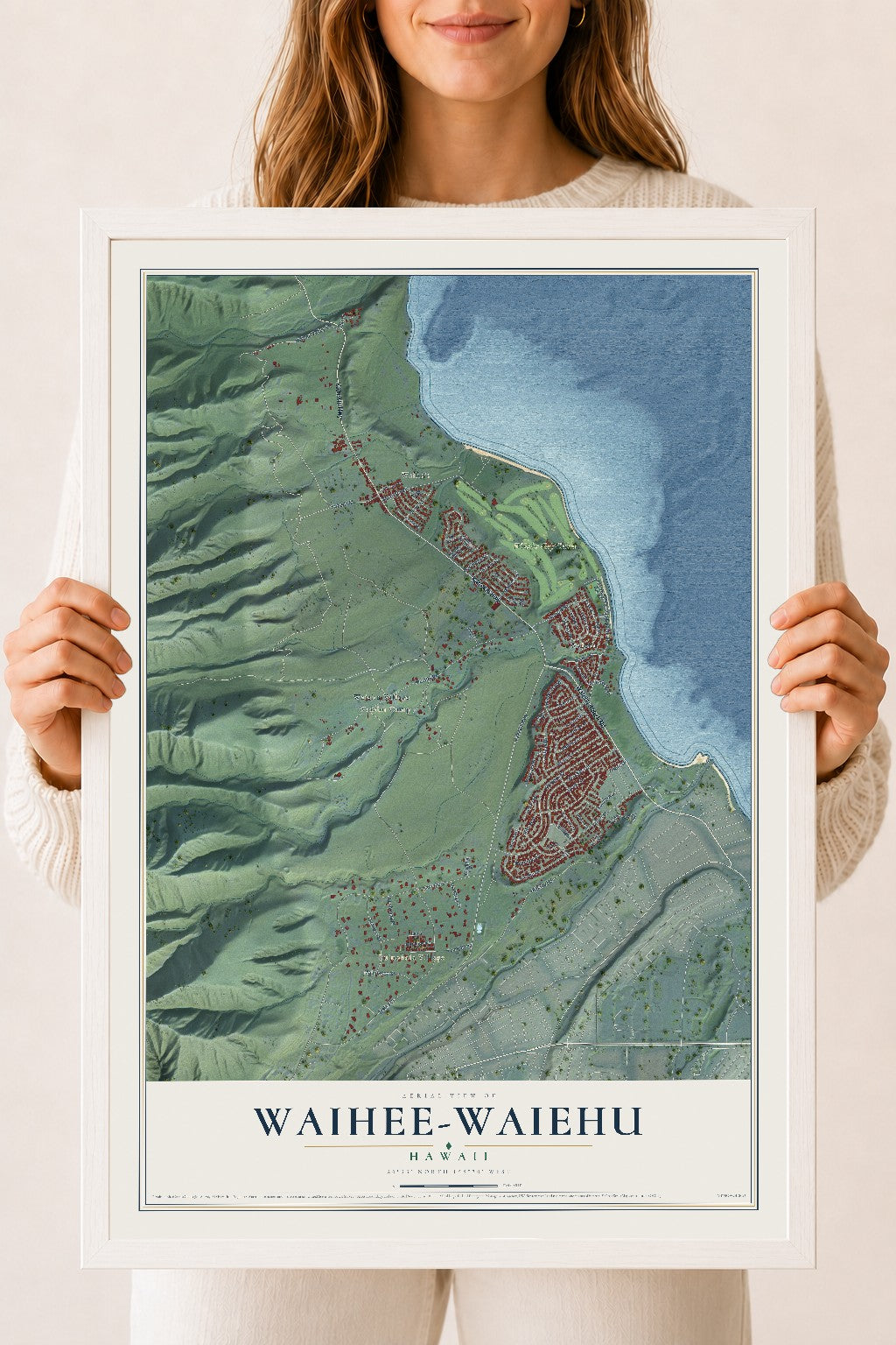 Map of Waihee-Waiehu, Hawaii, 18 x 24 inch print in a white wood frame
