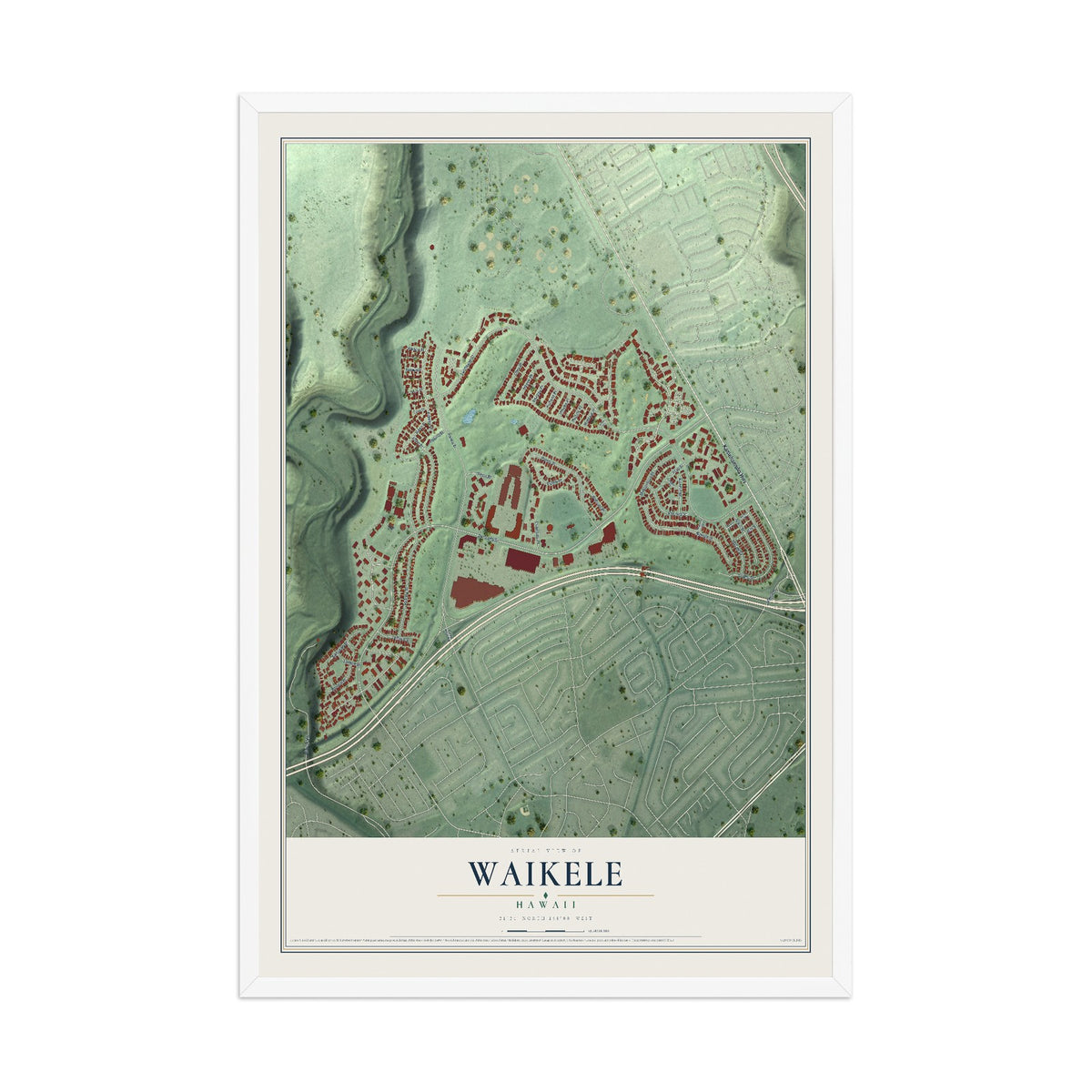 Map of Waikele, Hawaii, 12 x 18 inch print in a white wood frame