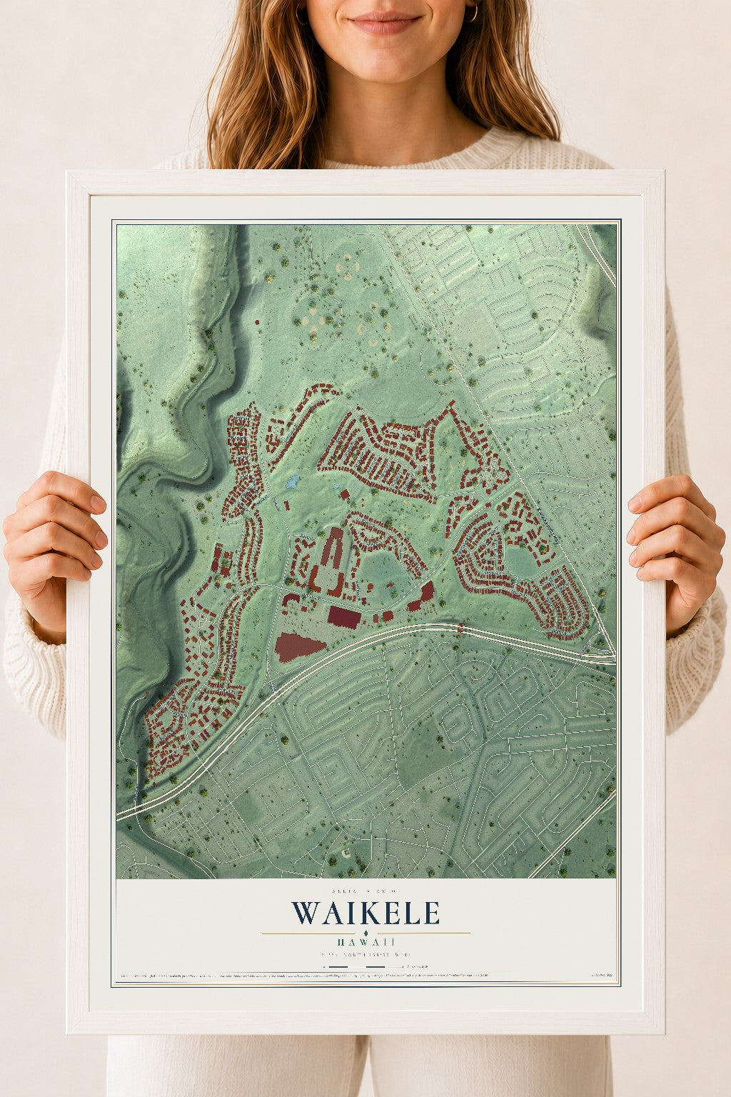 Map of Waikele, Hawaii, 18 x 24 inch print in a white wood frame