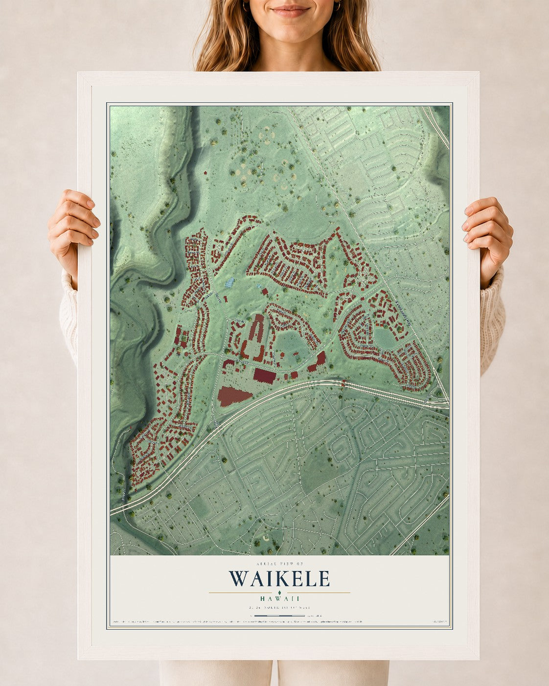 Map of Waikele, Hawaii, 24 x 36 inch print in a white wood frame