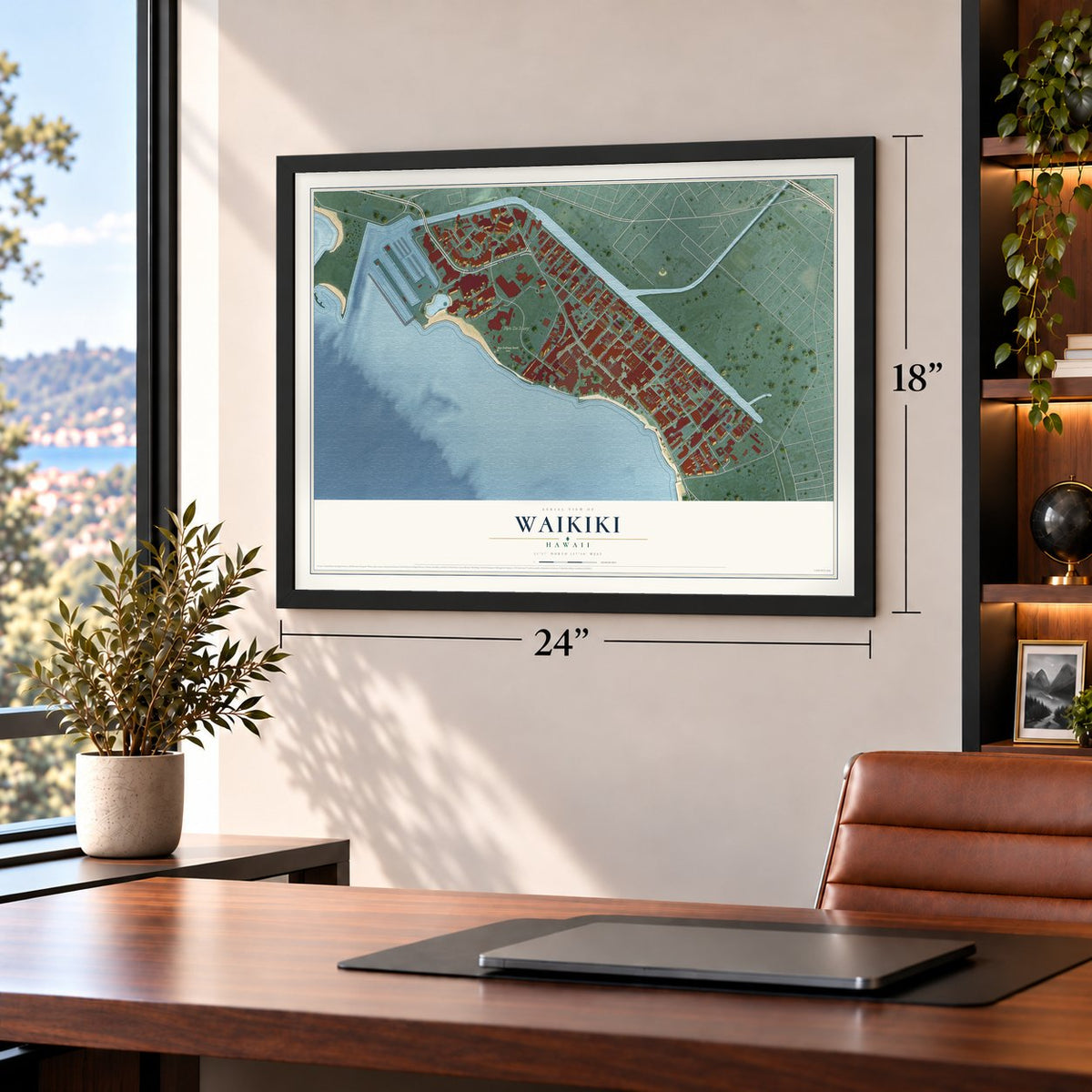 Waikiki, Hawaii map, 18 x 24 inch print in a black frame in a home office