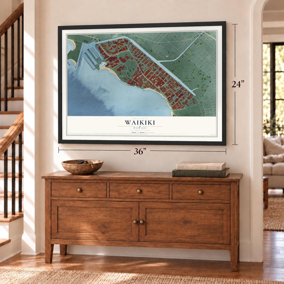 Waikiki, Hawaii map, 24 x 36 inch print in a black frame above a dresser by a staircase