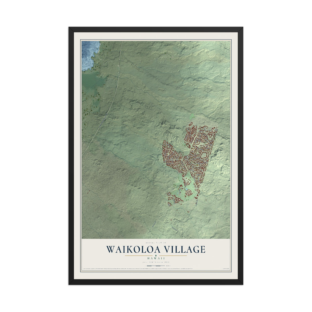 Map of Waikoloa Village, Hawaii, 12 x 18 inch print in a black wood frame
