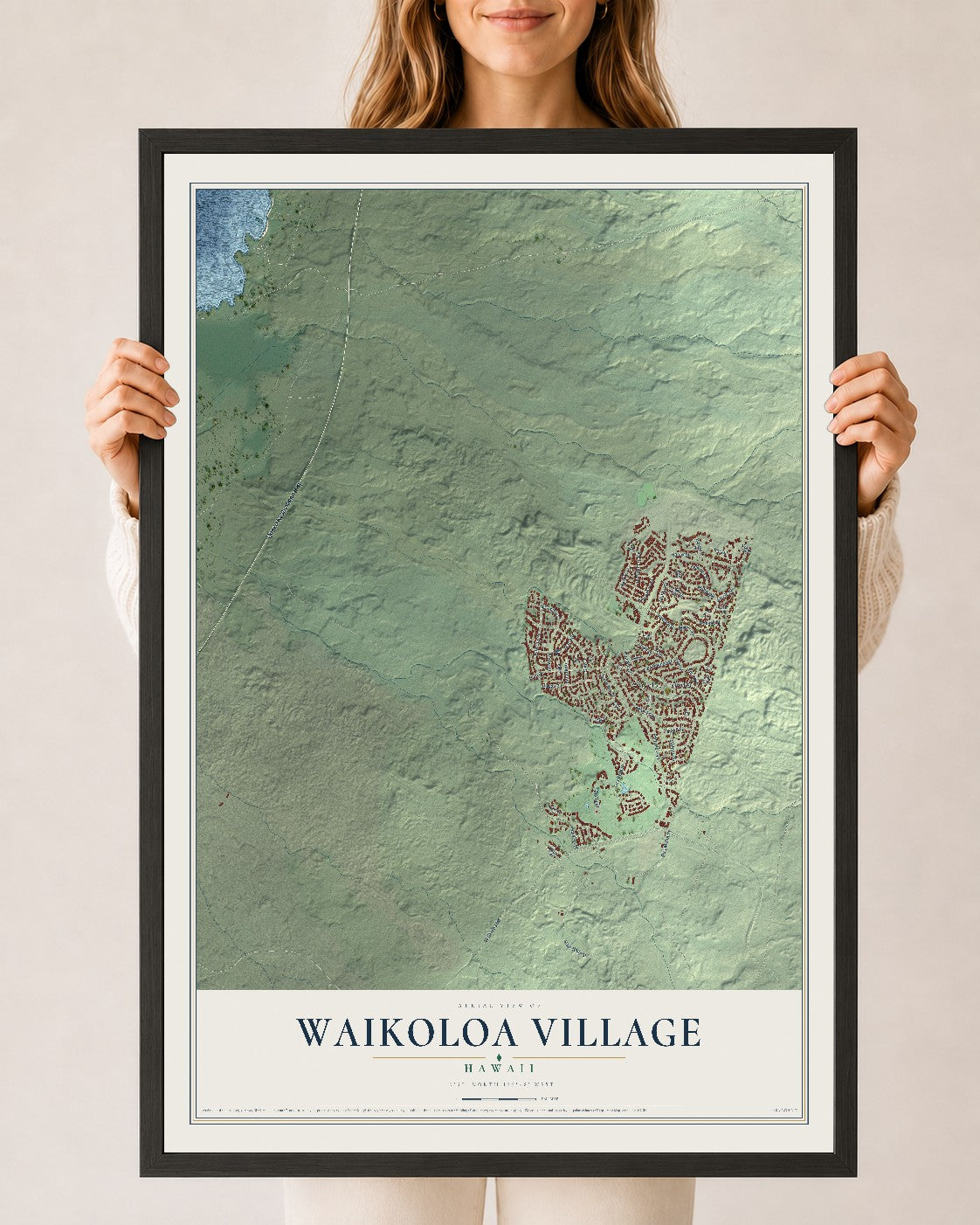 Map of Waikoloa Village, Hawaii, 24 x 36 inch print in a black wood frame