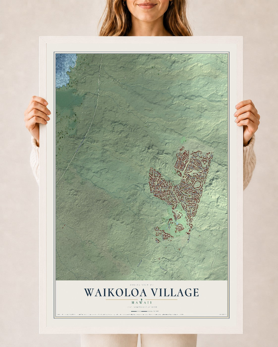 Map of Waikoloa Village, Hawaii, 24 x 36 inch print in a white wood frame