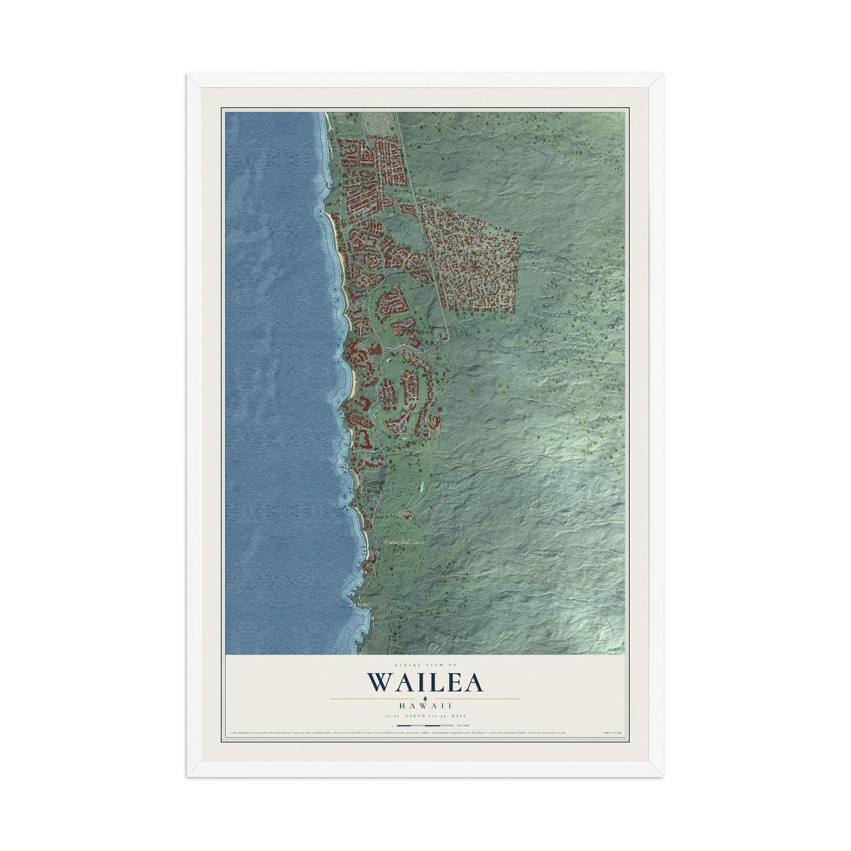 Map of Wailea, Hawaii, 12 x 18 inch print in a white wood frame