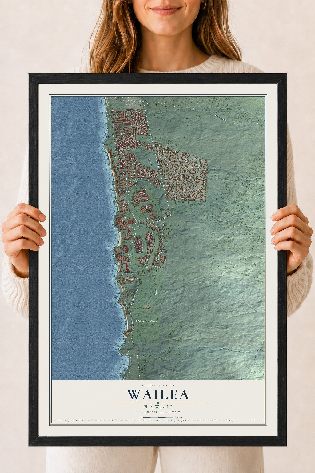 Map of Wailea, Hawaii, 18 x 24 inch print in a black wood frame