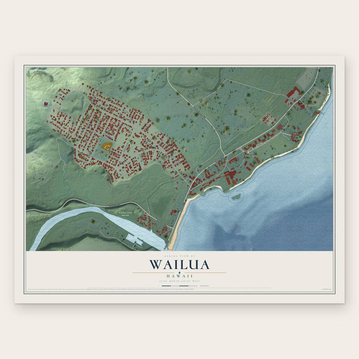 Wailua, Hawaii map print, the full design