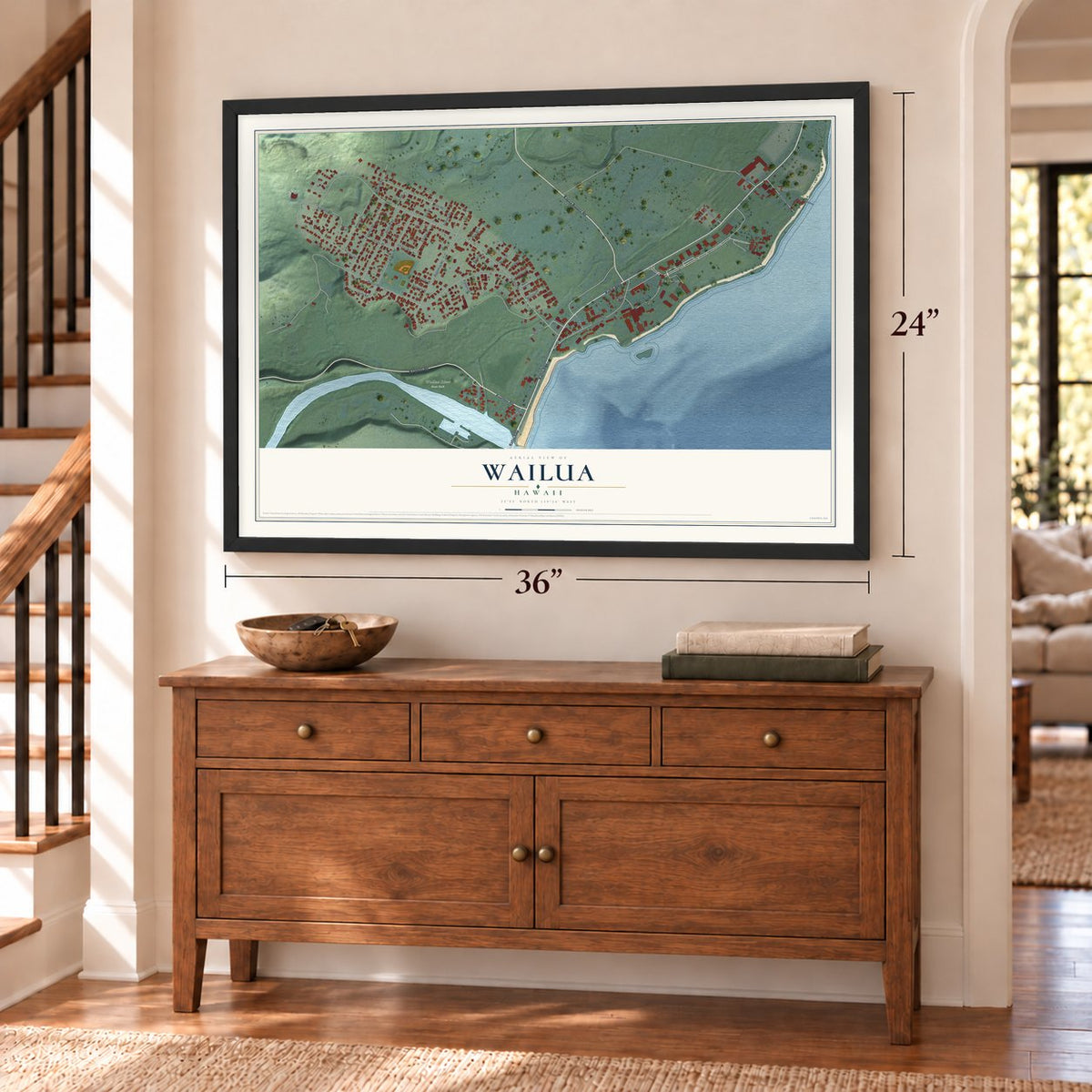 Wailua, Hawaii map, 24 x 36 inch print in a black frame above a dresser by a staircase