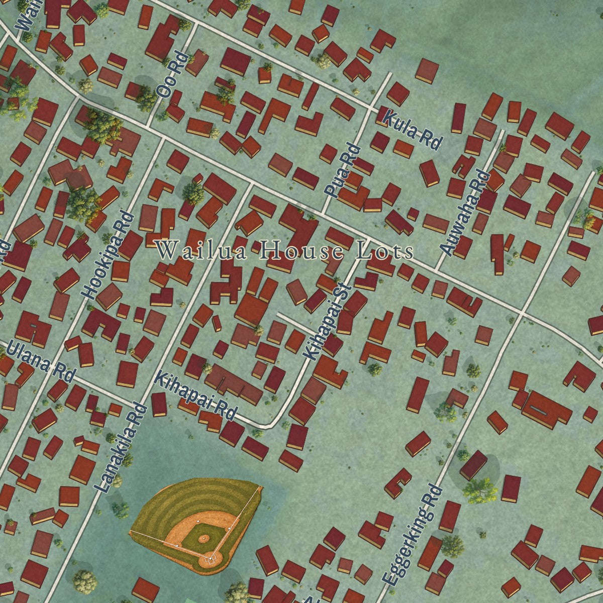 Close-up of the map of Wailua, Hawaii print showing street and building detail