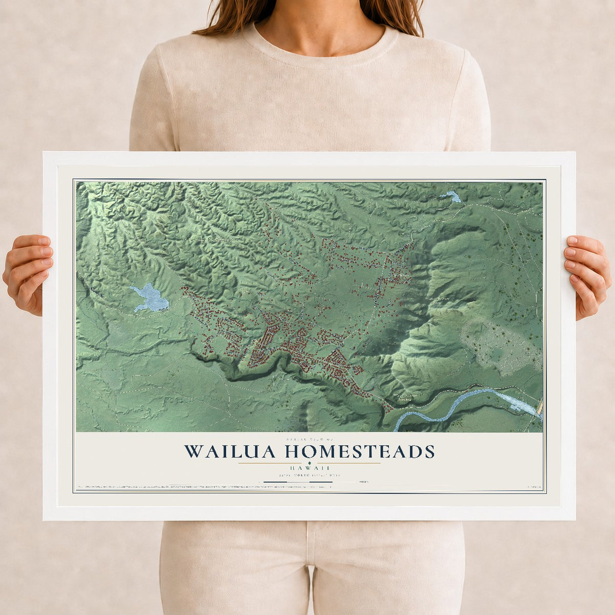 Map of Wailua Homesteads, Hawaii, 12 x 18 inch print in a white wood frame