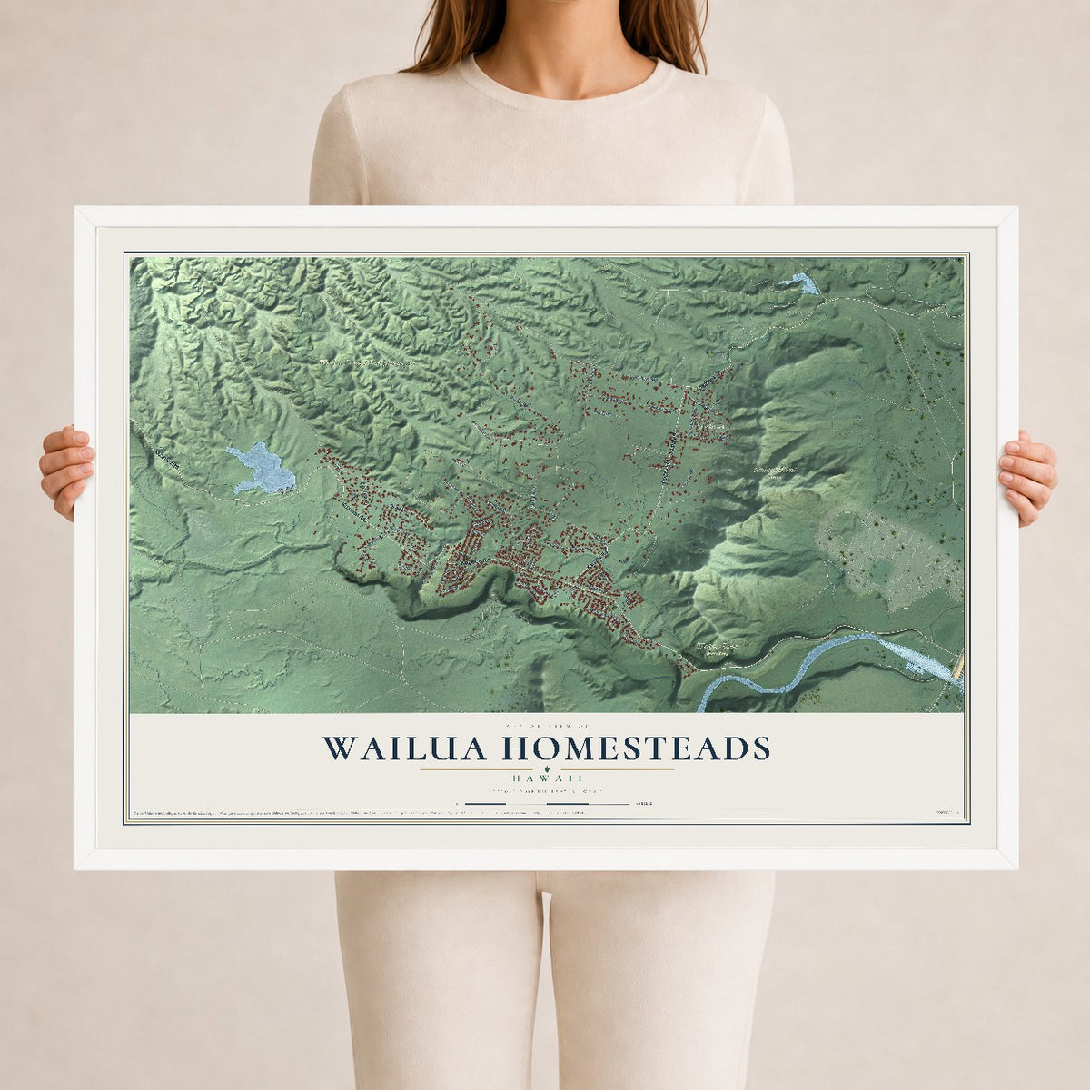 Map of Wailua Homesteads, Hawaii, 24 x 36 inch print in a white wood frame