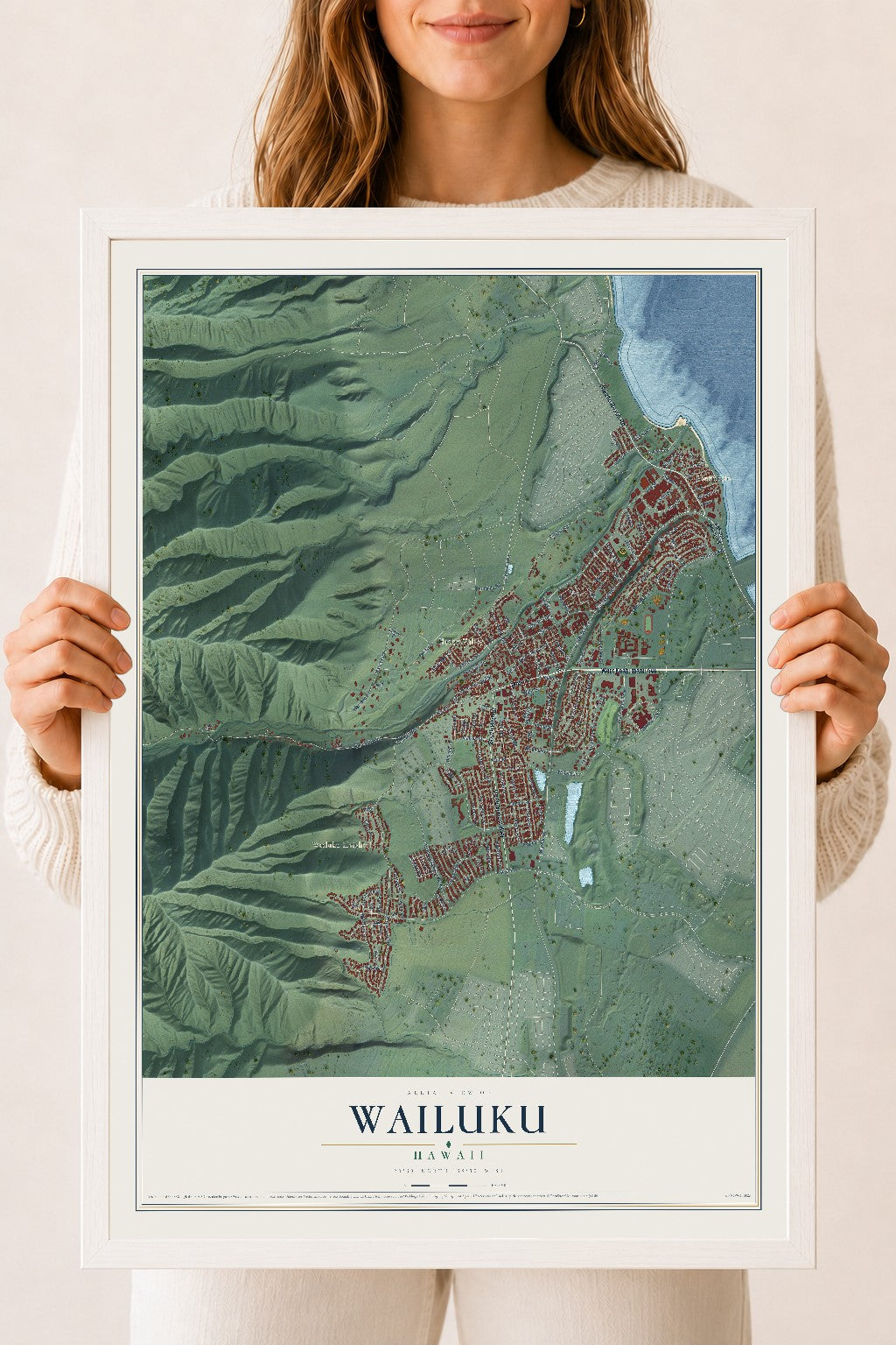 Map of Wailuku, Hawaii, 18 x 24 inch print in a white wood frame