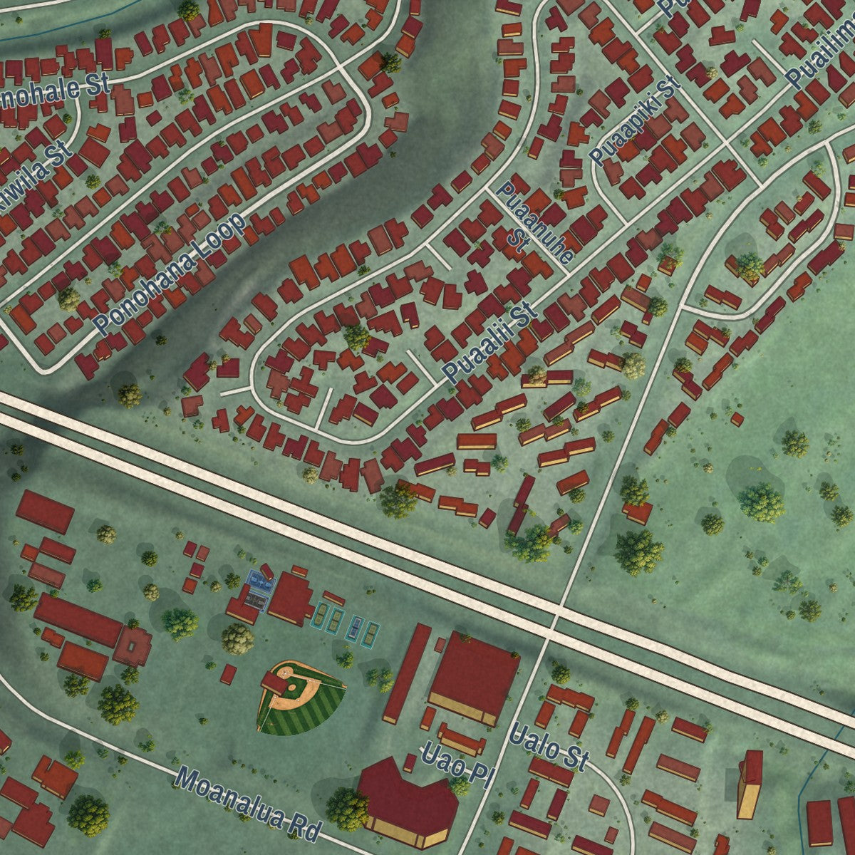 Second close-up of the map of Waimalu, Hawaii print showing more streets and buildings