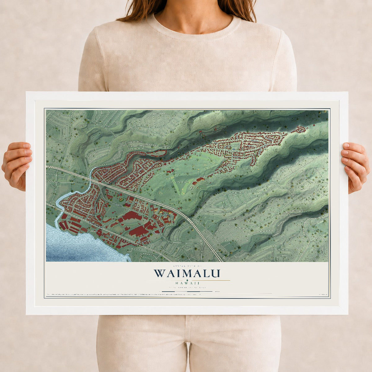 Map of Waimalu, Hawaii, 12 x 18 inch print in a white wood frame