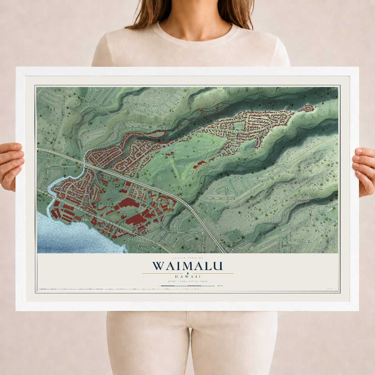 Map of Waimalu, Hawaii, 18 x 24 inch print in a white wood frame