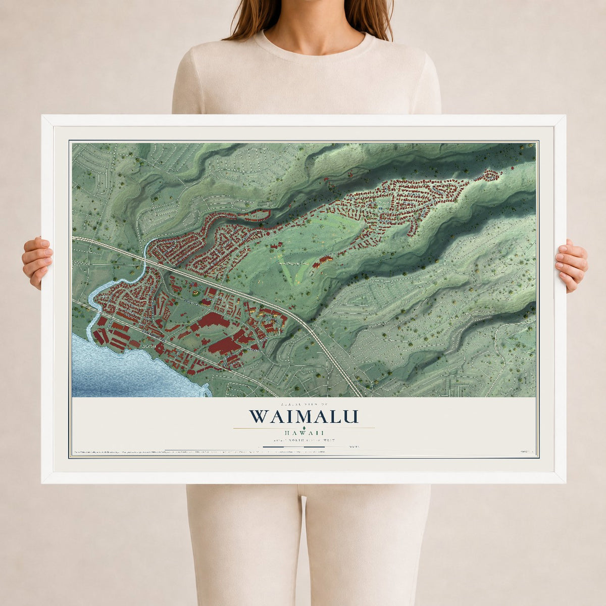 Map of Waimalu, Hawaii, 24 x 36 inch print in a white wood frame