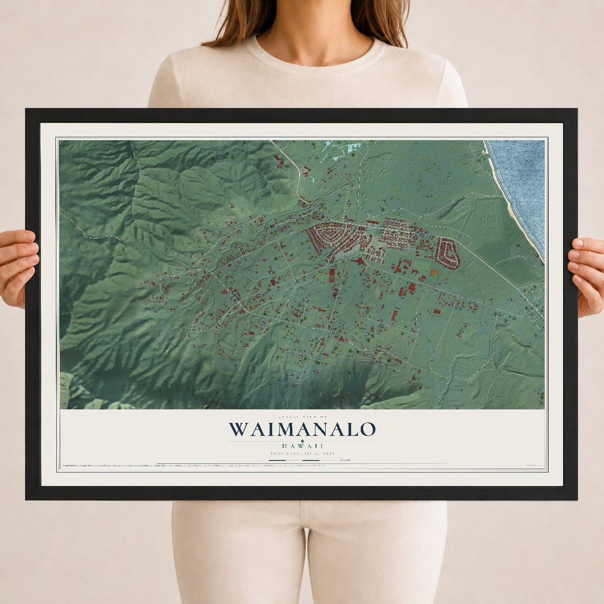 Map of Waimanalo, Hawaii, 18 x 24 inch print in a black wood frame