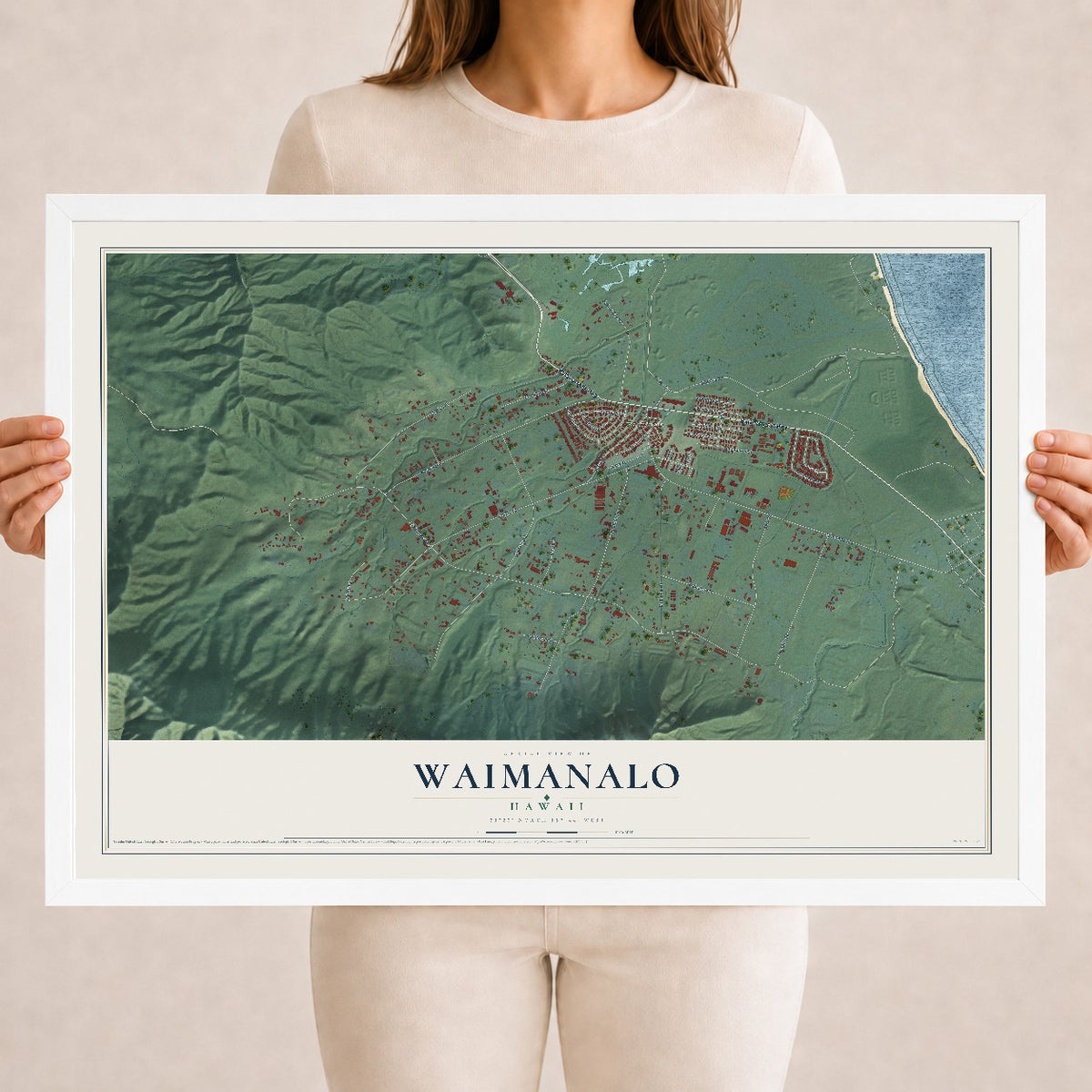 Map of Waimanalo, Hawaii, 18 x 24 inch print in a white wood frame