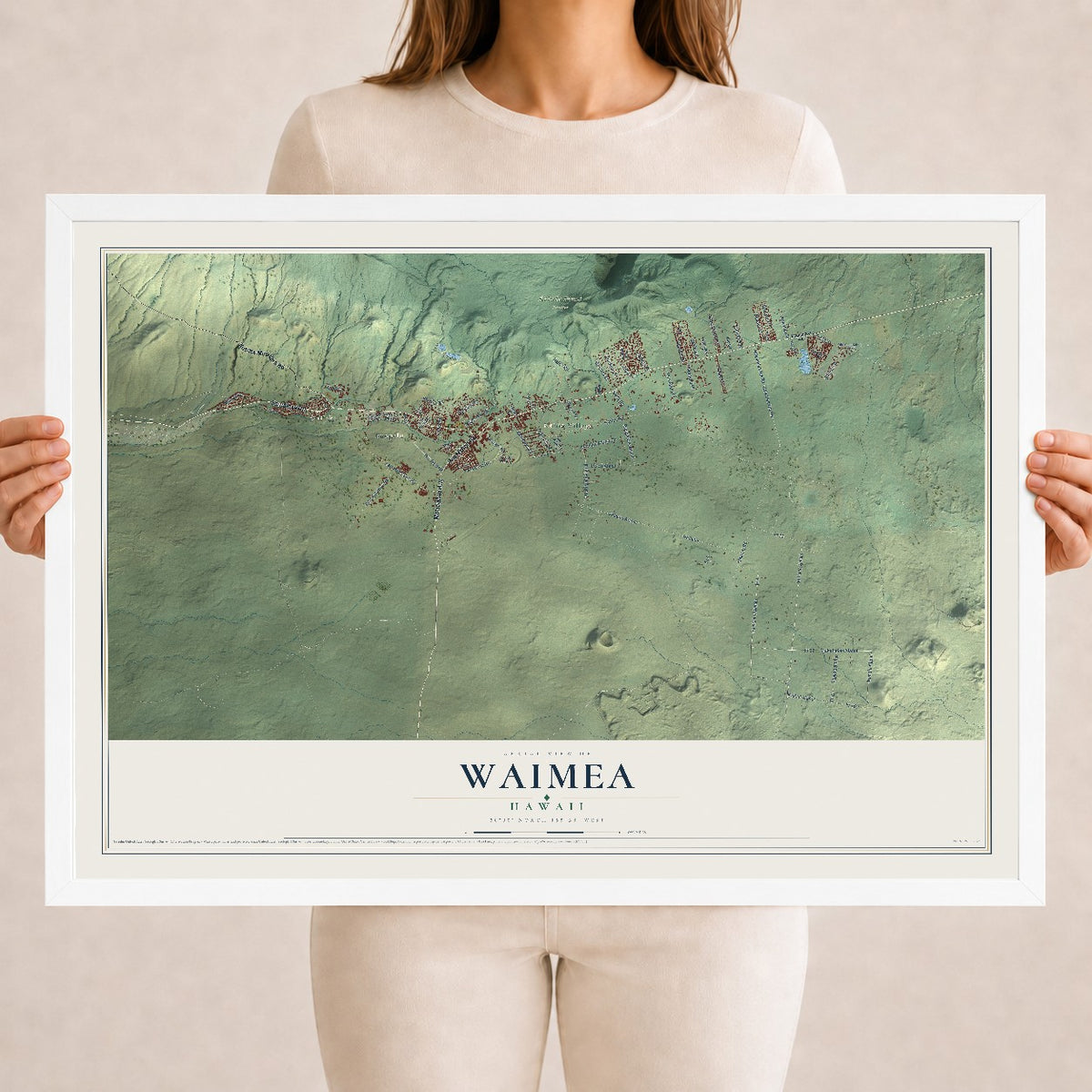 Map of Waimea, Hawaii, 18 x 24 inch print in a white wood frame