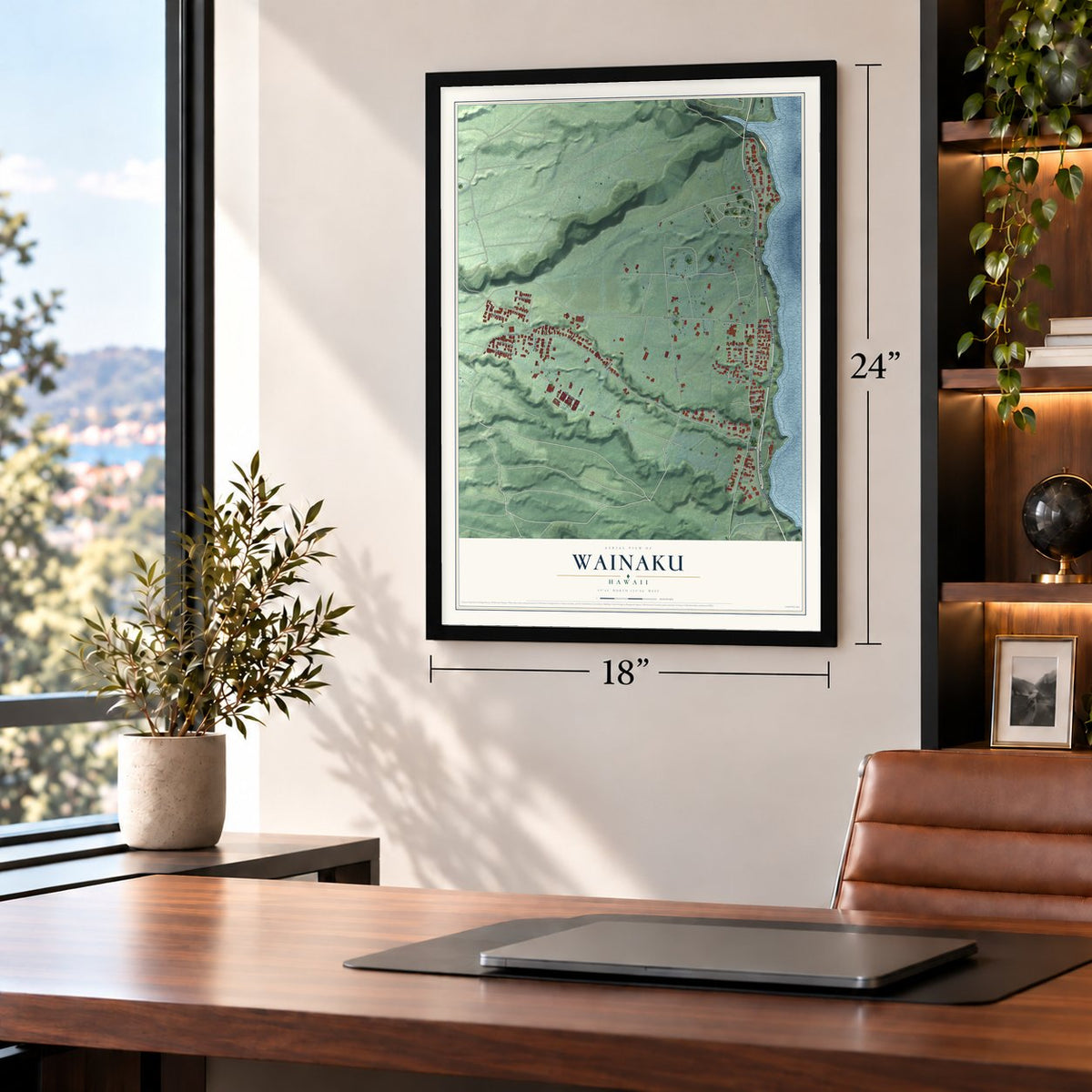 Wainaku, Hawaii map, 18 x 24 inch print in a black frame in a home office